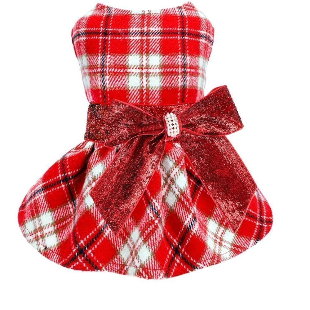 Small Pet | Party Dress | Red / White | Glitter Bow | Snap Closure | Excellent